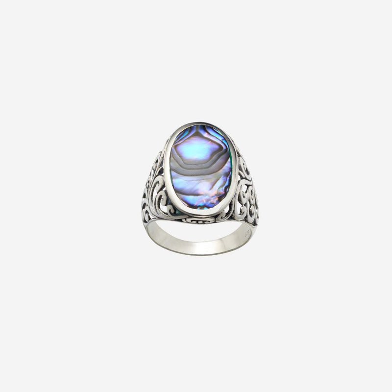 Ring - Paua Shell Oval Ring with Koru Design