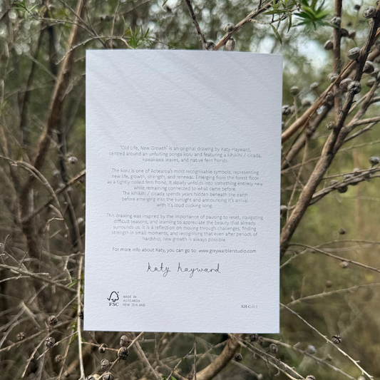 Card - Old Life, New Growth -  Kihikihi / Cicada & Koru of a Punga Fern
